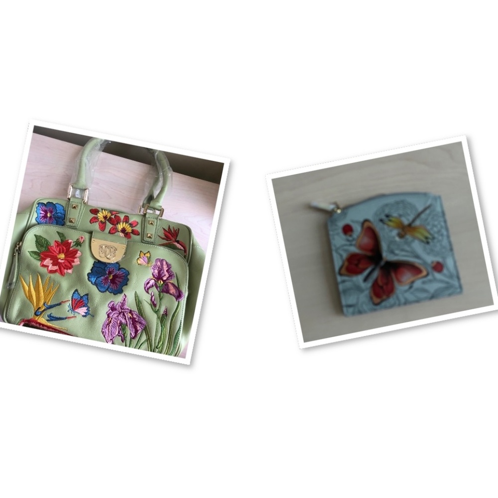 Sale! New Sharif Celadon Leather Embroidered Floral Bag & Anuschka Blue Wallet